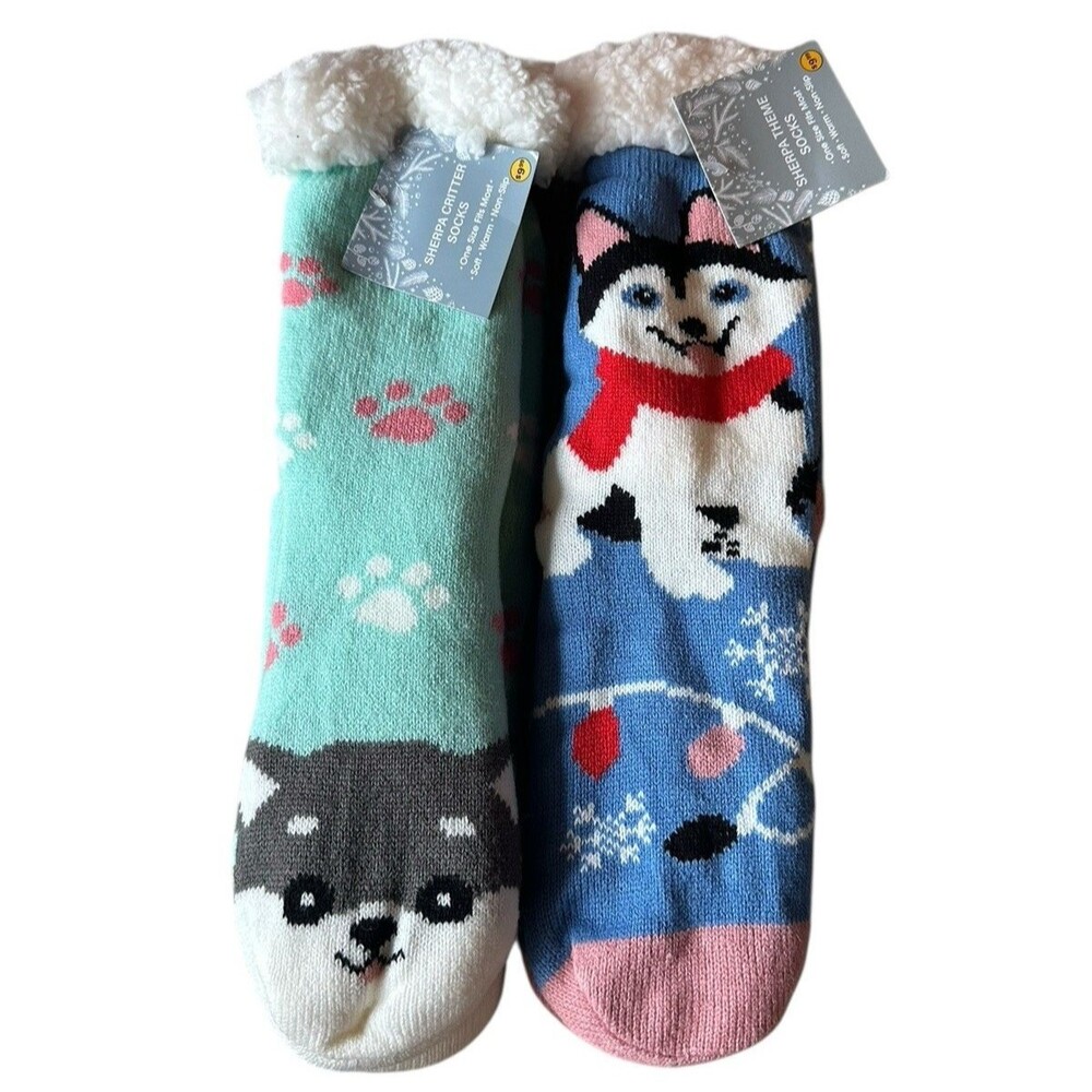 NWT 2 Pair Non-Slip Sherpa Dog Theme Socks Husky Warm Winter Adult One Size NEW